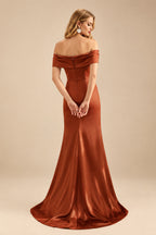Rutipo Terracotta Seductive Bow Accented Waist Evening Dresses With Off-Shoulder Collar Draping