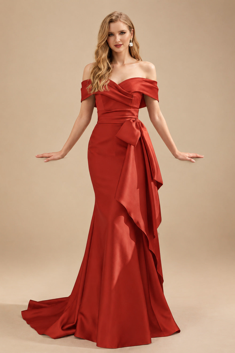 Rutipo Vermilion Seductive Bow Accented Waist Evening Dresses With Off-Shoulder Collar Draping