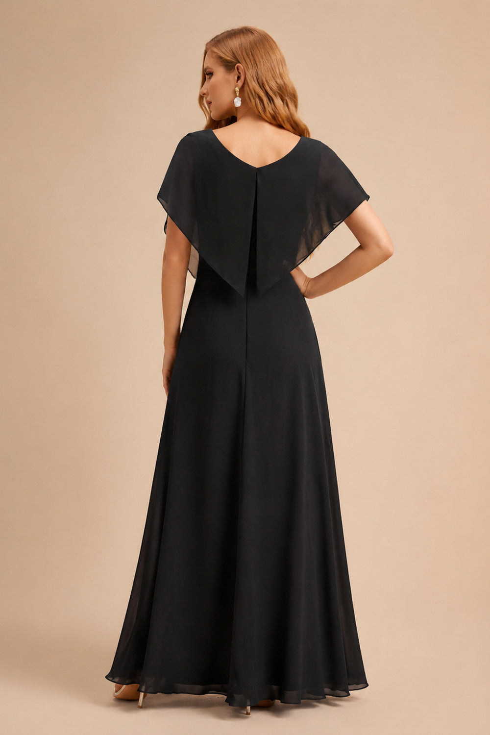 Rutipo Black Elegant V-Neck Long Sleeves Asymmetrical Charmeuse Evening Dresses