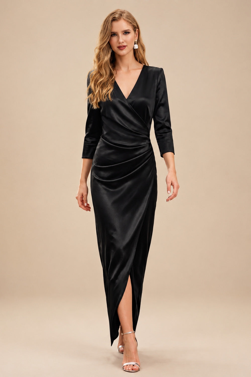 Rutipo Black Elegant V-Neck Long Sleeves Asymmetrical Charmeuse Evening Dresses