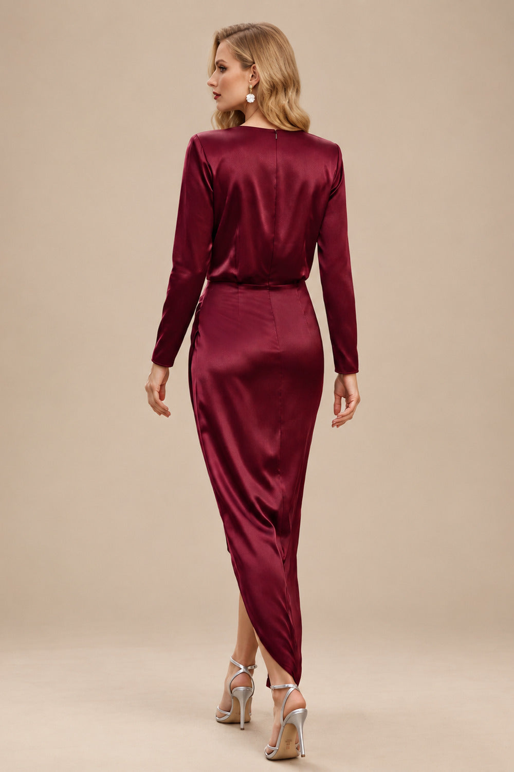 Rutipo Burgundy Elegant V-Neck Long Sleeves Asymmetrical Charmeuse Evening Dresses