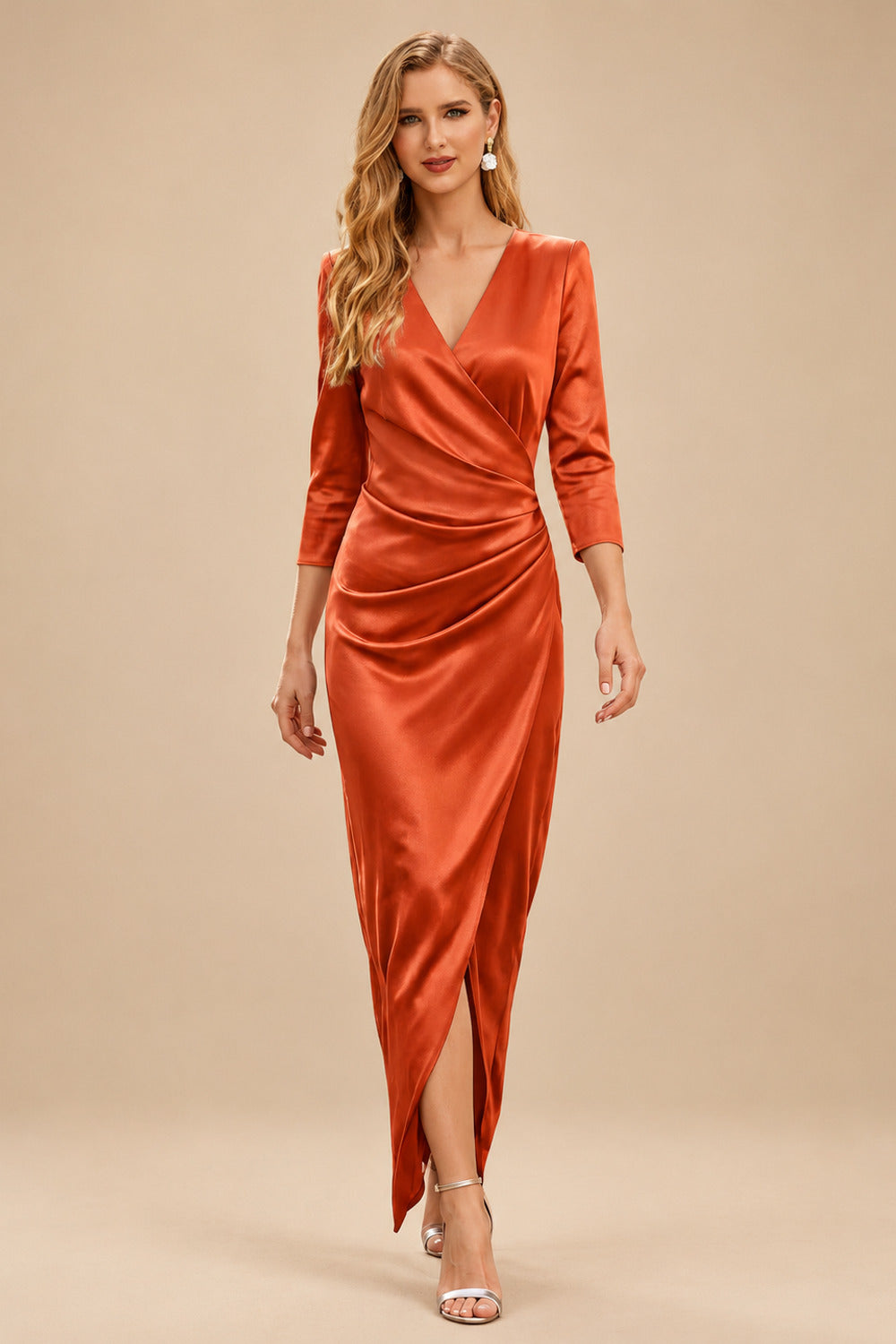 Rutipo Burnt Orange Elegant V-Neck Long Sleeves Asymmetrical Charmeuse Evening Dresses