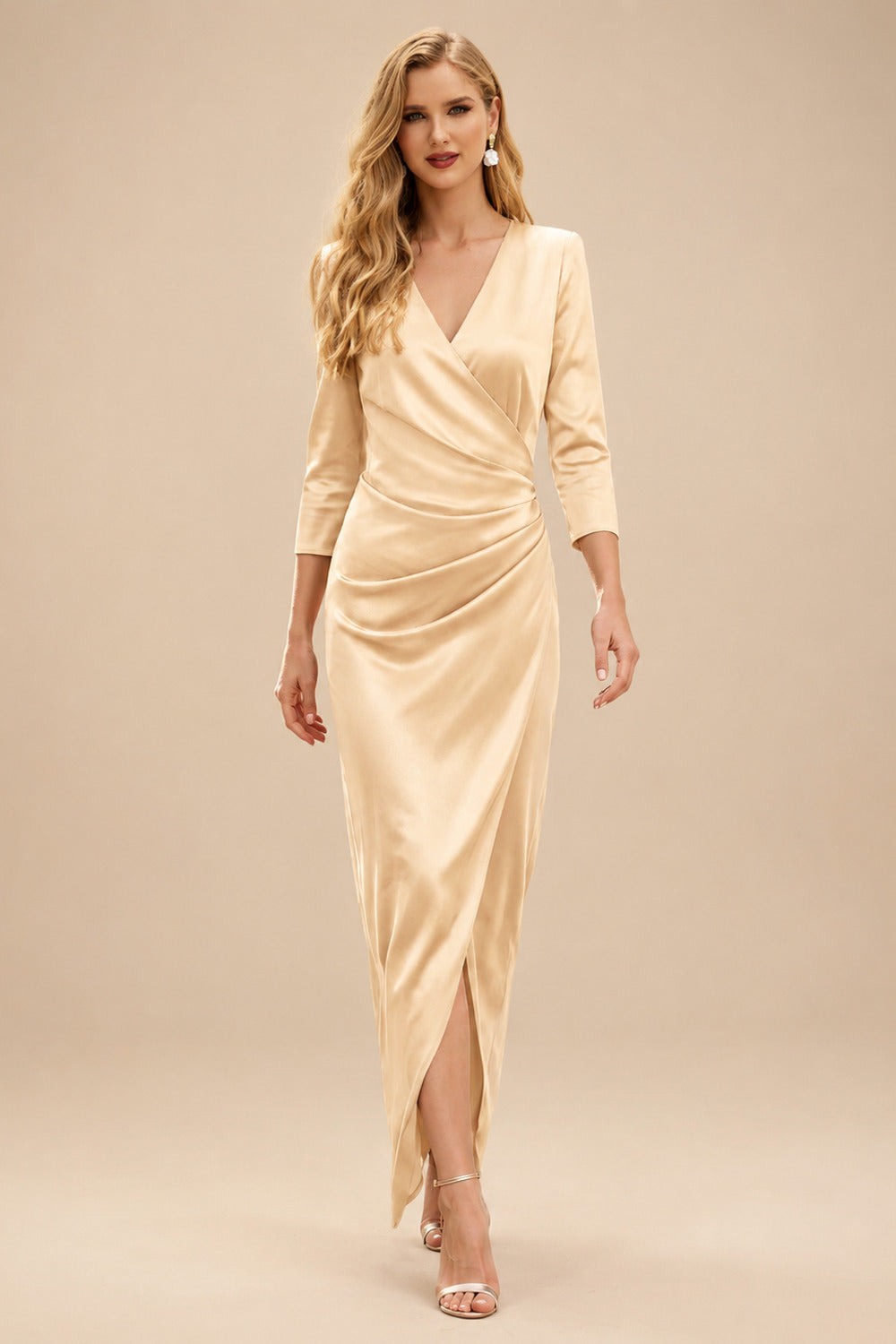 Rutipo Champagne Elegant V-Neck Long Sleeves Asymmetrical Charmeuse Evening Dresses