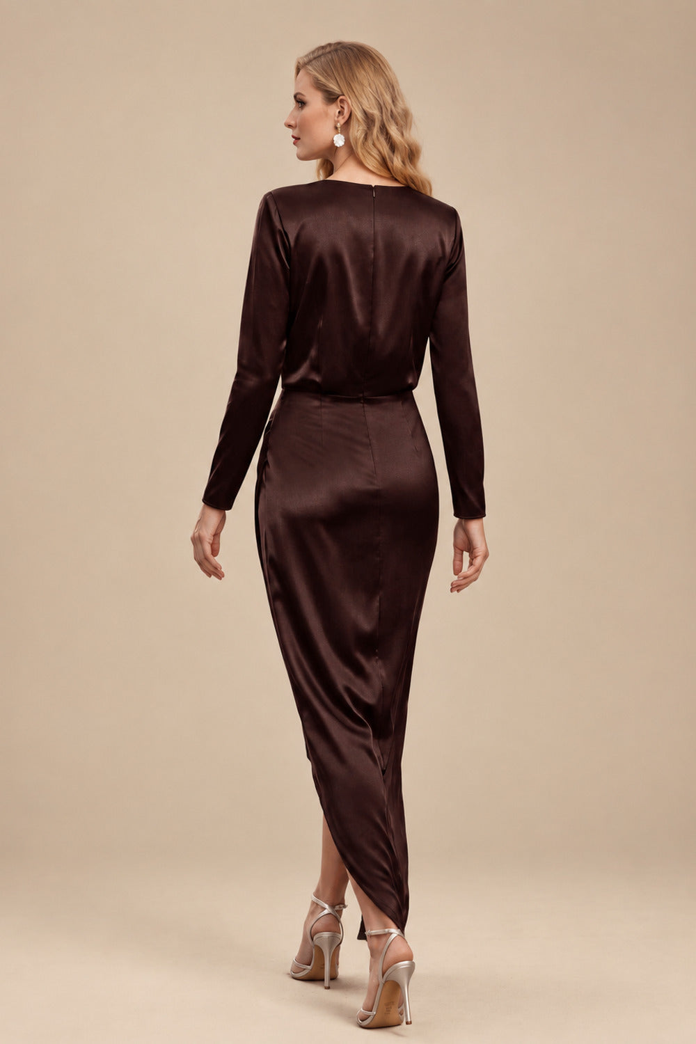 Rutipo Chocolate Elegant V-Neck Long Sleeves Asymmetrical Charmeuse Evening Dresses