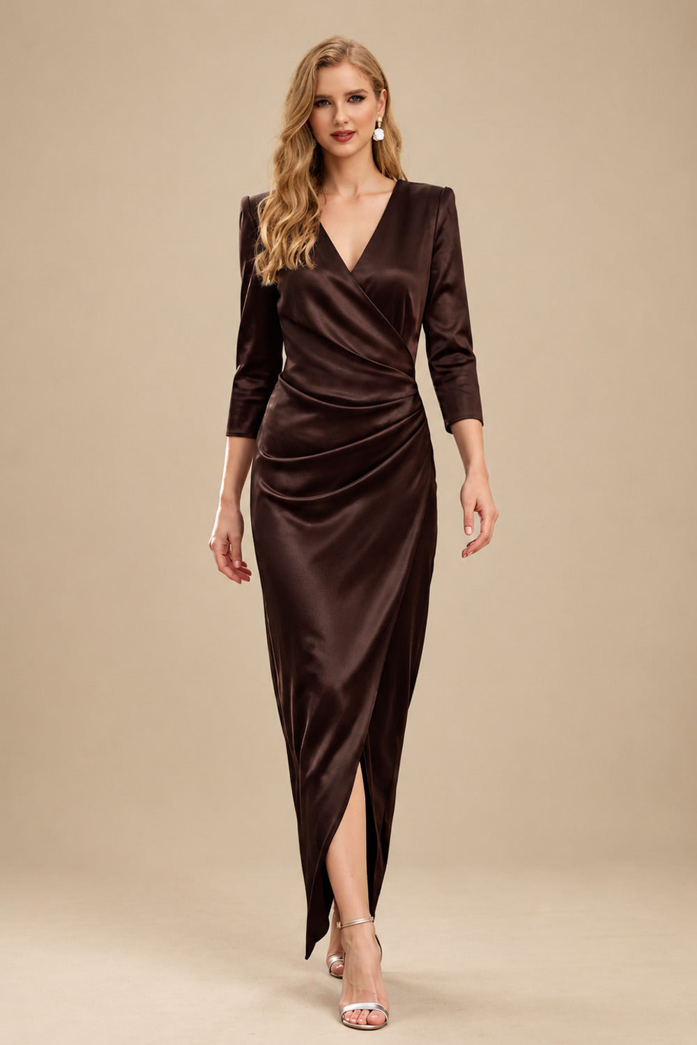 Rutipo Chocolate Elegant V-Neck Long Sleeves Asymmetrical Charmeuse Evening Dresses