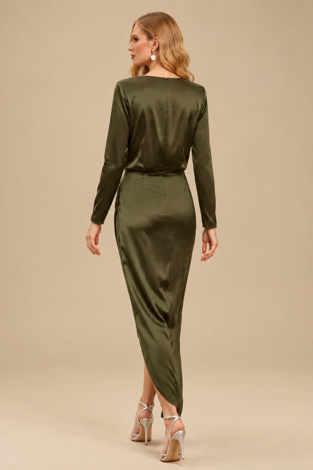 Rutipo Olive Green Elegant V-Neck Long Sleeves Asymmetrical Charmeuse Evening Dresses