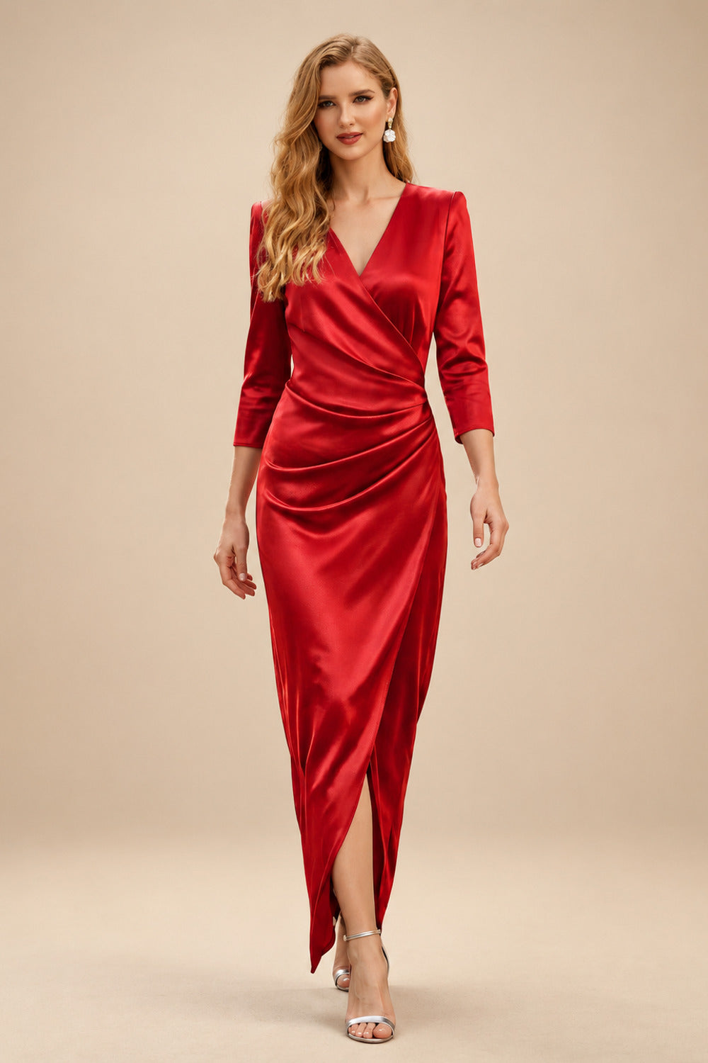 Rutipo Red Elegant V-Neck Long Sleeves Asymmetrical Charmeuse Evening Dresses