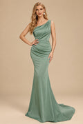 Rutipo As Picture Sheath One-Shoulder Sleeveless Sweep Train Crepe Satin Evening Dresses