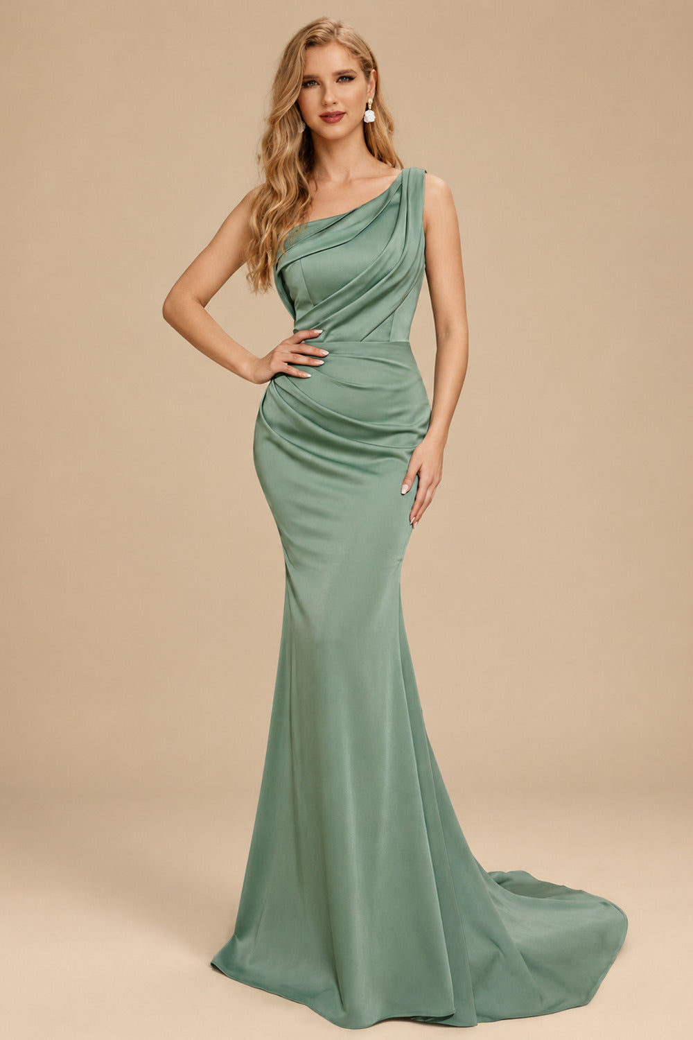 Rutipo As Picture Sheath One-Shoulder Sleeveless Sweep Train Crepe Satin Evening Dresses