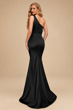 Rutipo Black Sheath One-Shoulder Sleeveless Sweep Train Crepe Satin Evening Dresses