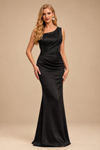 Rutipo Black Sheath One-Shoulder Sleeveless Sweep Train Crepe Satin Evening Dresses
