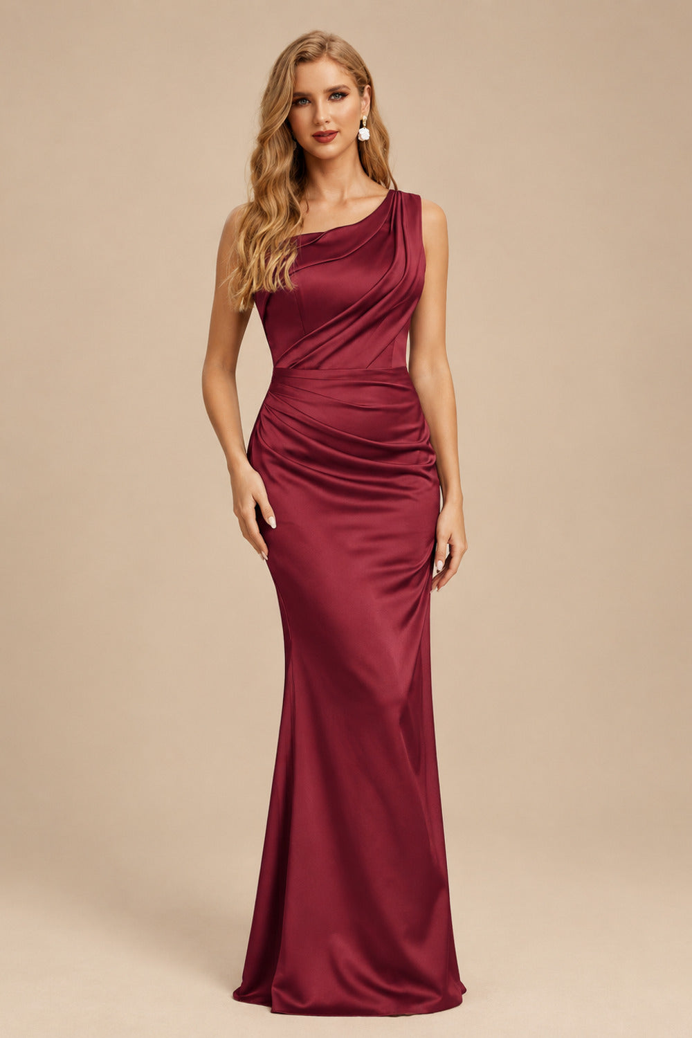 Rutipo Burgundy Sheath One-Shoulder Sleeveless Sweep Train Crepe Satin Evening Dresses