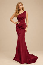 Rutipo Burgundy Sheath One-Shoulder Sleeveless Sweep Train Crepe Satin Evening Dresses