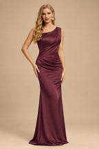 Rutipo Cabernet Sheath One-Shoulder Sleeveless Sweep Train Crepe Satin Evening Dresses