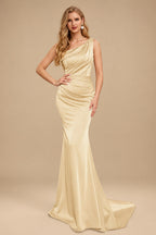 Rutipo Champagne Sheath One-Shoulder Sleeveless Sweep Train Crepe Satin Evening Dresses