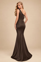 Rutipo Chocolate Sheath One-Shoulder Sleeveless Sweep Train Crepe Satin Evening Dresses