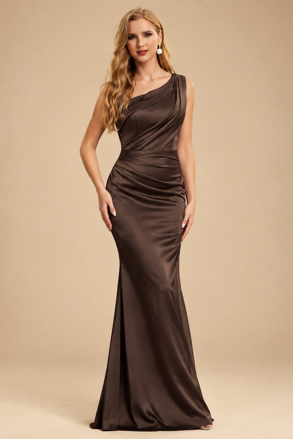 Rutipo Chocolate Sheath One-Shoulder Sleeveless Sweep Train Crepe Satin Evening Dresses