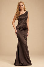 Rutipo Chocolate Sheath One-Shoulder Sleeveless Sweep Train Crepe Satin Evening Dresses