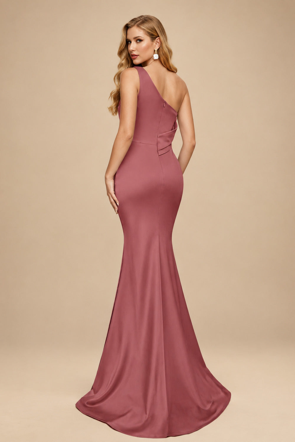 Rutipo Cinnamon Rose Sheath One-Shoulder Sleeveless Sweep Train Crepe Satin Evening Dresses