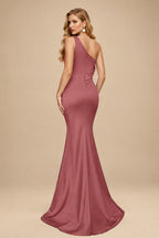 Rutipo Cinnamon Rose Sheath One-Shoulder Sleeveless Sweep Train Crepe Satin Evening Dresses