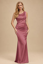 Rutipo Cinnamon Rose Sheath One-Shoulder Sleeveless Sweep Train Crepe Satin Evening Dresses