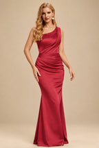 Rutipo Red Sheath One-Shoulder Sleeveless Sweep Train Crepe Satin Evening Dresses