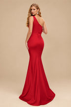 Rutipo Red Sheath One-Shoulder Sleeveless Sweep Train Crepe Satin Evening Dresses