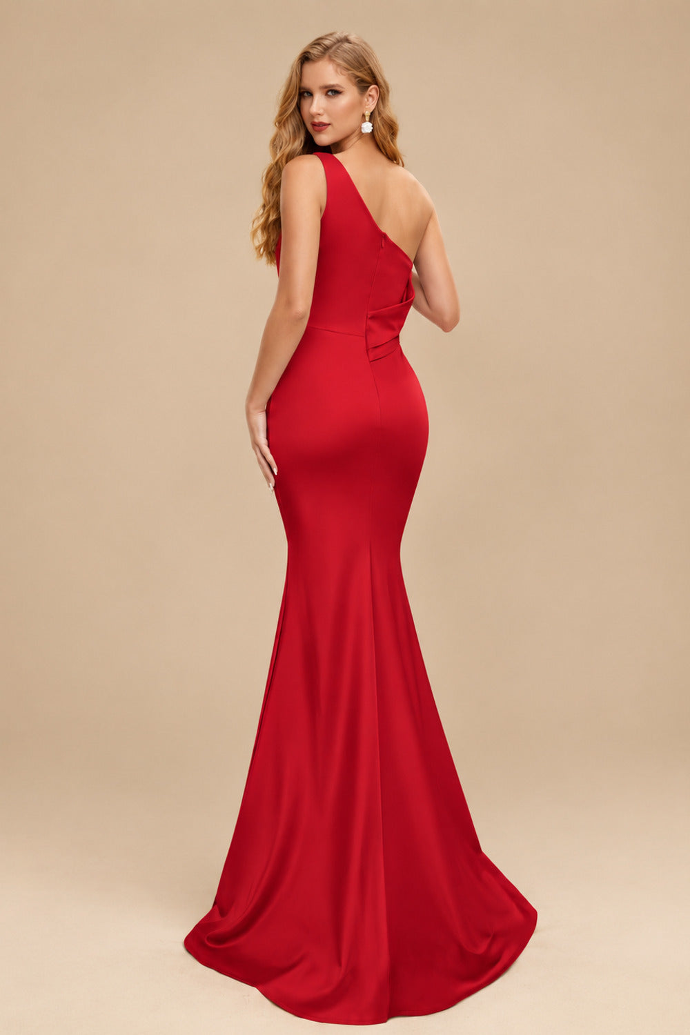 Rutipo Red Sheath One-Shoulder Sleeveless Sweep Train Crepe Satin Evening Dresses