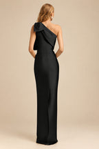 Rutipo Black Sheath/Column One-Shoulder Satin Evening Dresses With Bow(s)