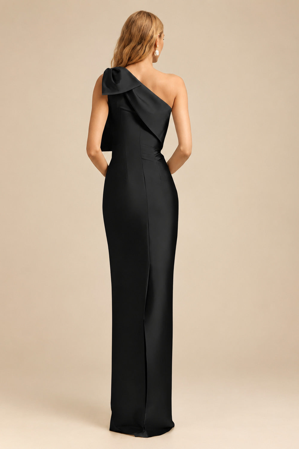 Rutipo Black Sheath/Column One-Shoulder Satin Evening Dresses With Bow(s)