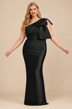 Rutipo Black Sheath/Column One-Shoulder Satin Evening Dresses With Bow(s)