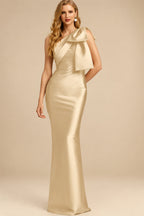 Rutipo Champagne Sheath/Column One-Shoulder Satin Evening Dresses With Bow(s)