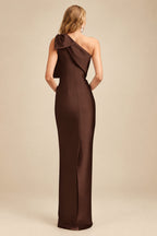 Rutipo Chocolate Sheath/Column One-Shoulder Satin Evening Dresses With Bow(s)