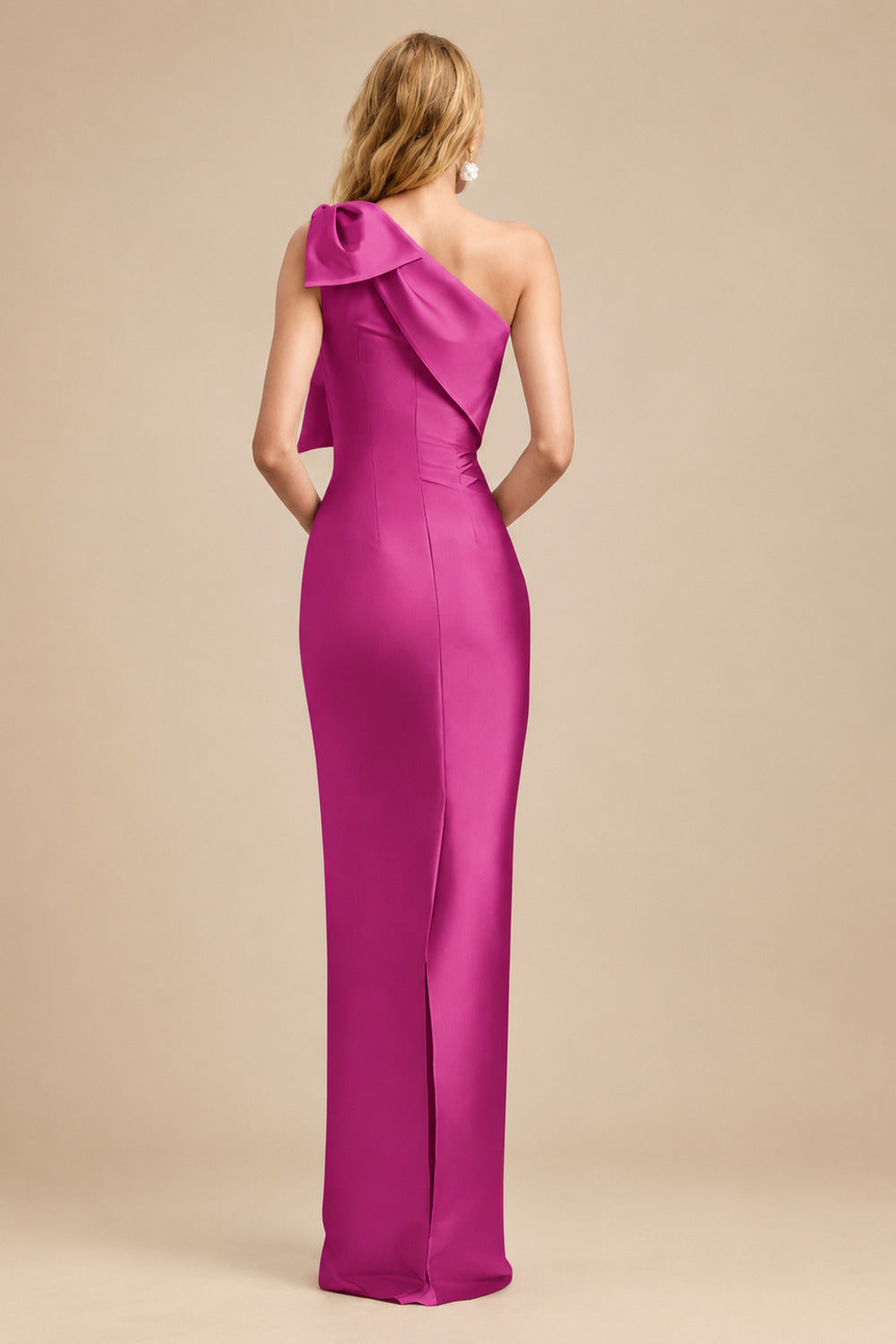 Rutipo Fuchsia Sheath/Column One-Shoulder Satin Evening Dresses With Bow(s)