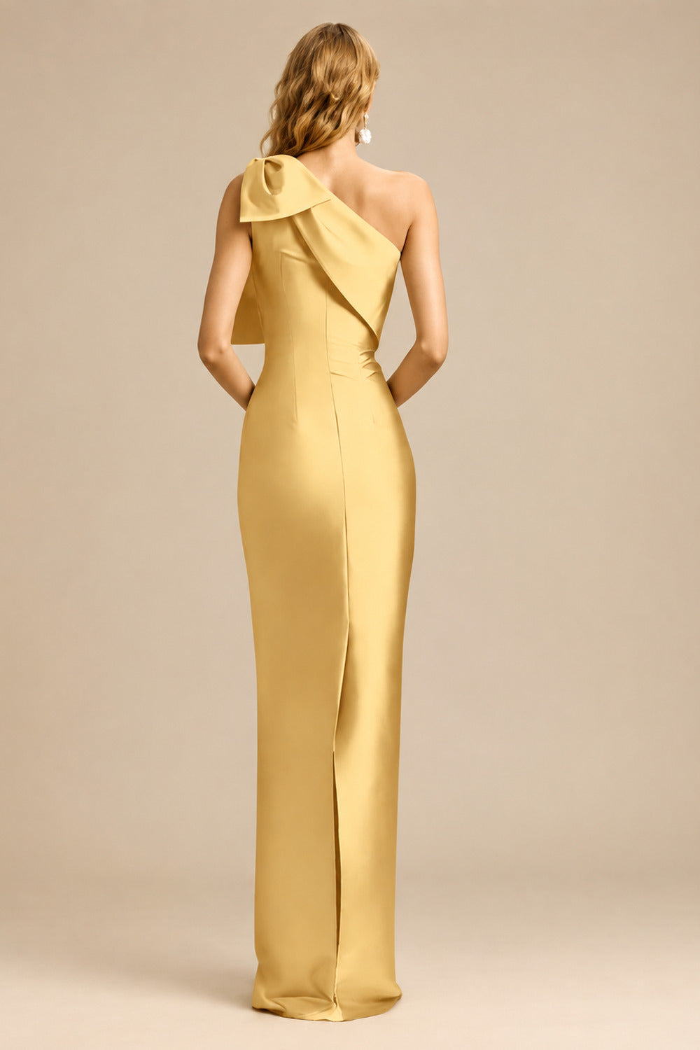 Rutipo Gold Sheath/Column One-Shoulder Satin Evening Dresses With Bow(s)