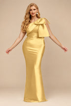 Rutipo Gold Sheath/Column One-Shoulder Satin Evening Dresses With Bow(s)