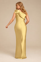 Rutipo Gold Sheath/Column One-Shoulder Satin Evening Dresses With Bow(s)