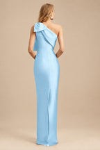 Rutipo Sky Blue Sheath/Column One-Shoulder Satin Evening Dresses With Bow(s)