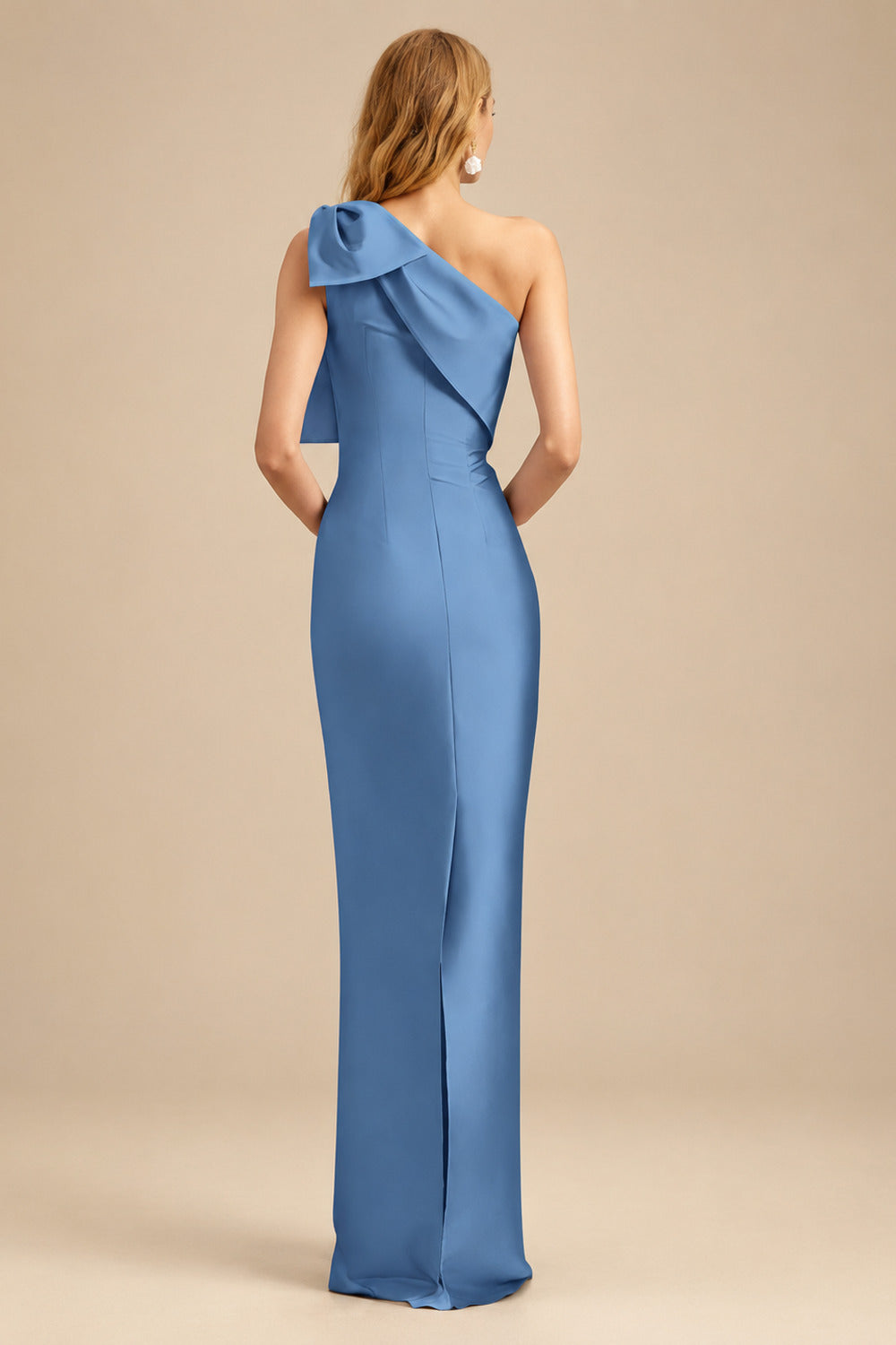 Rutipo Slate Blue Sheath/Column One-Shoulder Satin Evening Dresses With Bow(s)