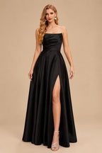 Rutipo Black Strapless A-Line Satin Slit Evening Dresses
