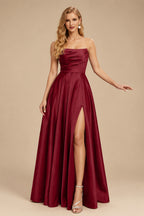 Rutipo Burgundy Strapless A-Line Satin Slit Evening Dresses