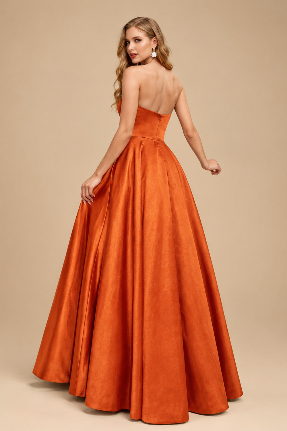 Rutipo Burnt Orange Strapless A-Line Satin Slit Evening Dresses