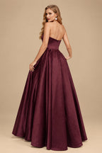 Rutipo Cabernet Strapless A-Line Satin Slit Evening Dresses