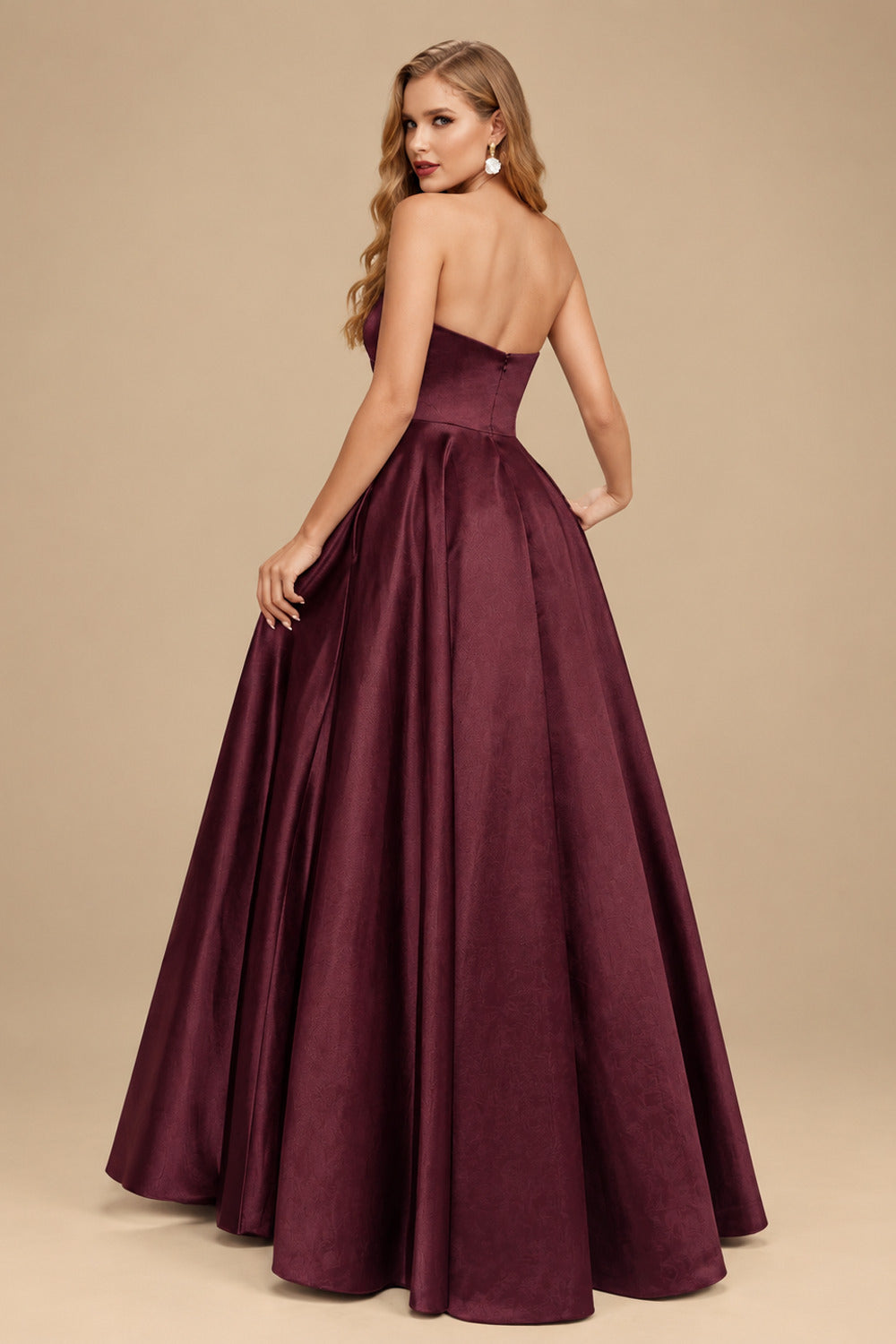 Rutipo Cabernet Strapless A-Line Satin Slit Evening Dresses
