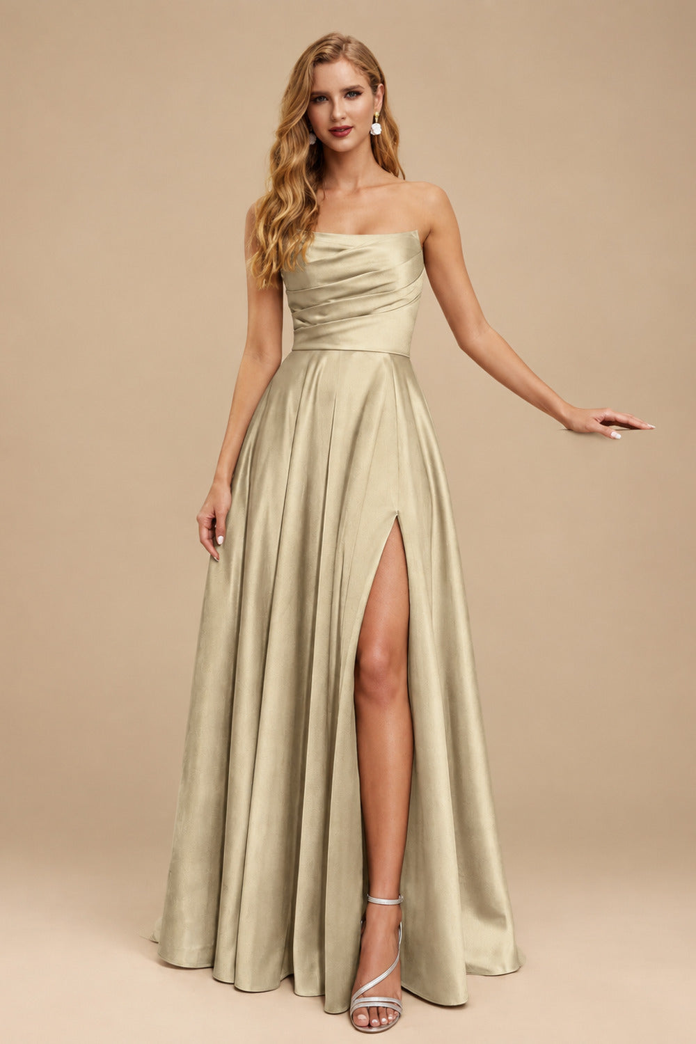 Rutipo Champagne Strapless A-Line Satin Slit Evening Dresses