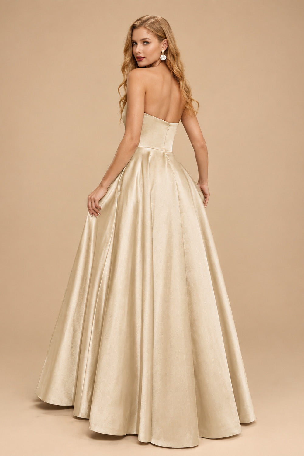 Rutipo Champagne Strapless A-Line Satin Slit Evening Dresses