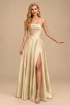 Rutipo Champagne Strapless A-Line Satin Slit Evening Dresses