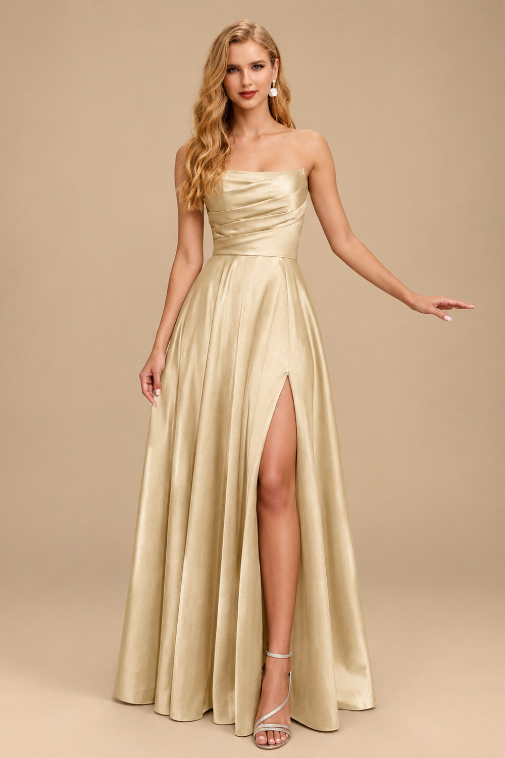 Rutipo Champagne Strapless A-Line Satin Slit Evening Dresses