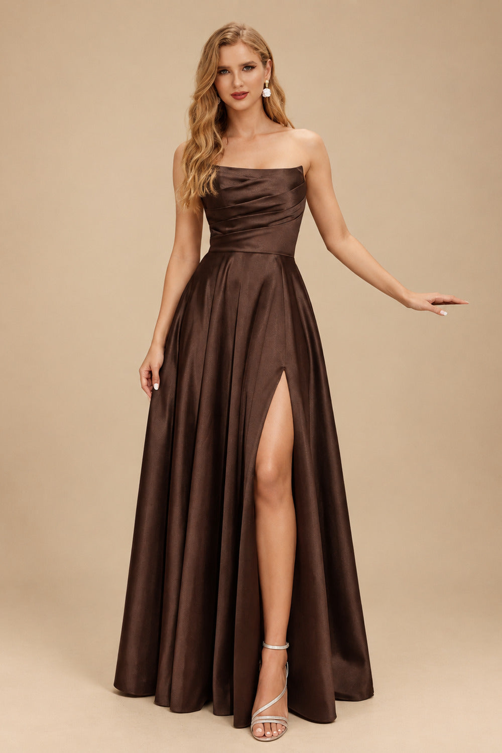 Rutipo Chocolate Strapless A-Line Satin Slit Evening Dresses