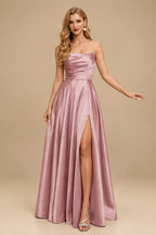 Rutipo Dusty Rose Strapless A-Line Satin Slit Evening Dresses